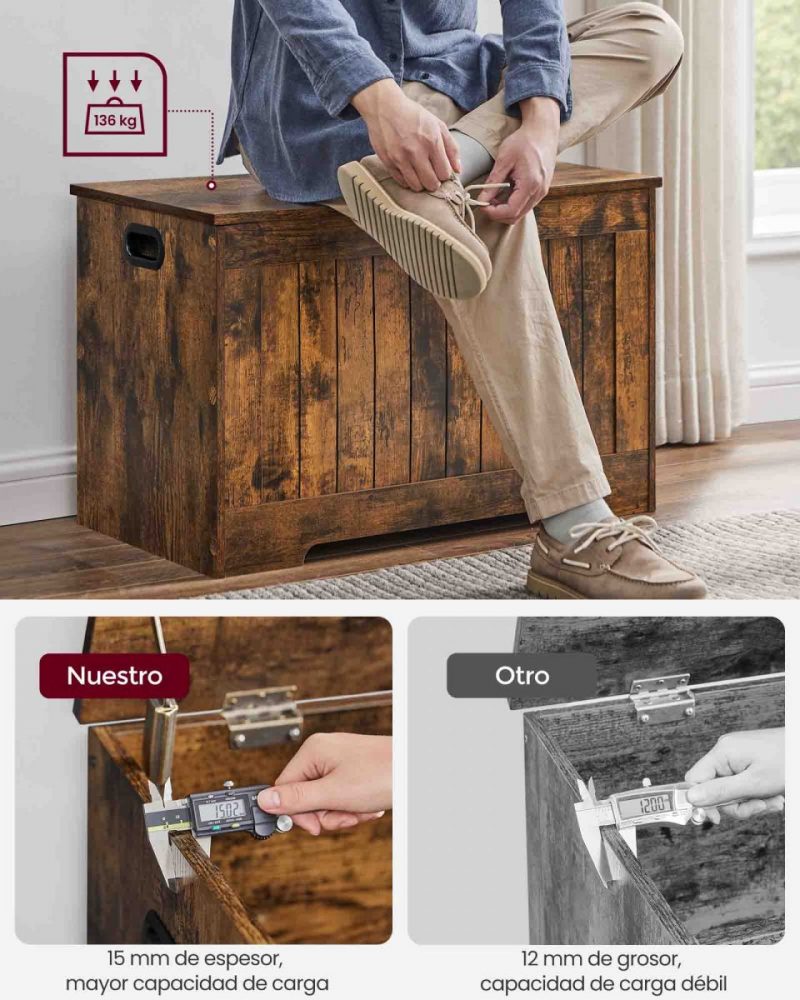 Banco almacenaje 40x76x48 cm marrón rústico - Imagen 5