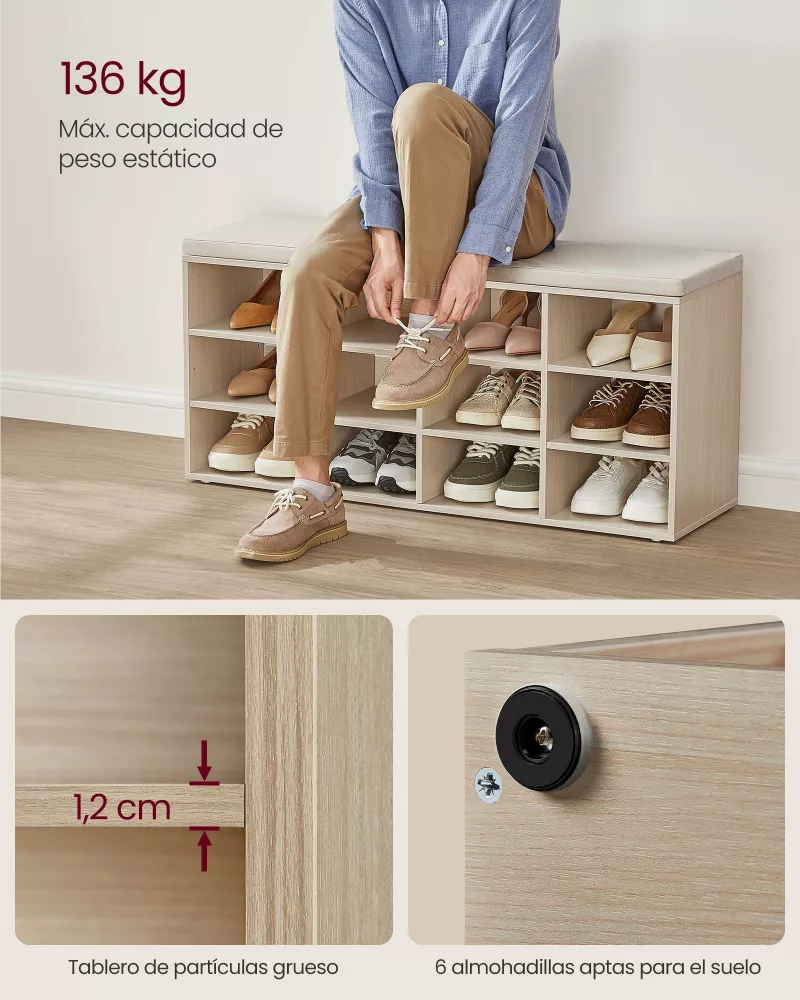 Banco Zapatero Estantes Ajustables 30,3 x 104 x 48 cm Beige Natural - Imagen 3