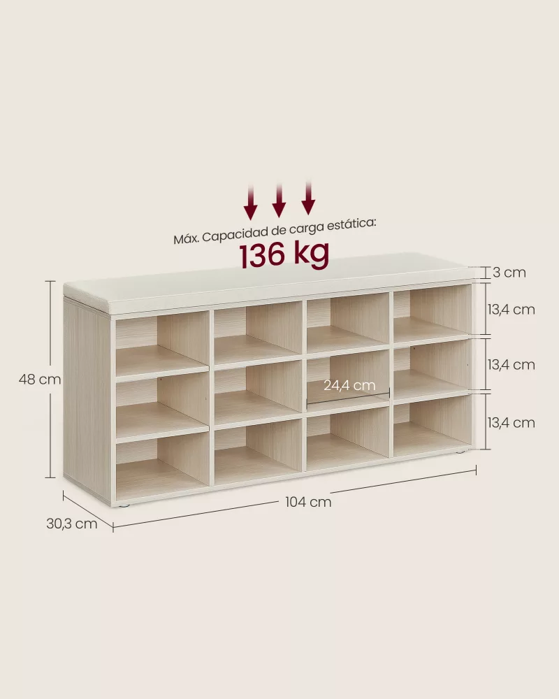 Banco Zapatero Estantes Ajustables 30,3 x 104 x 48 cm Beige Natural - Imagen 6