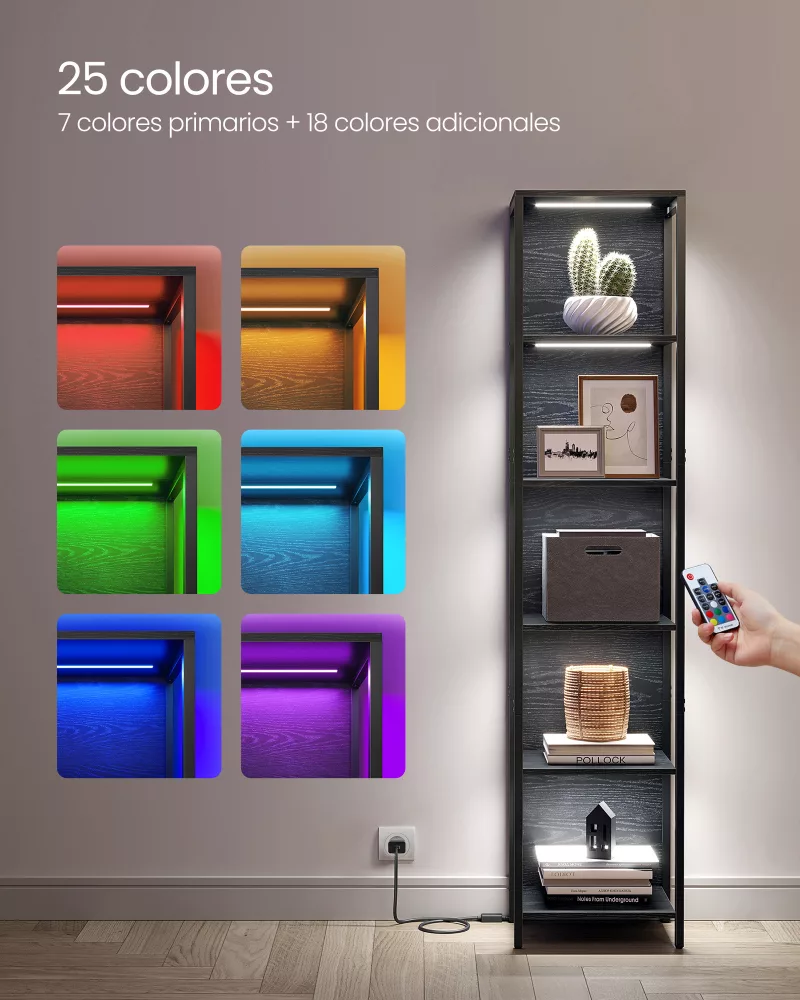 Estantería de 6 Niveles con Luz LED 30,3x40x178,6 cm Negro Ébano - Imagen 3