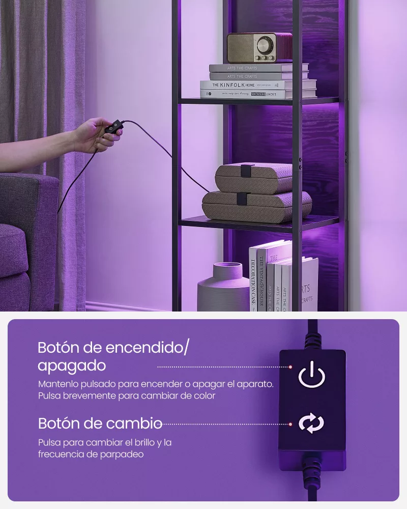 Estantería de 6 Niveles con Luz LED 30,3x40x178,6 cm Negro Ébano - Imagen 5