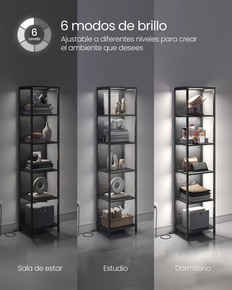 Estantería de 6 Niveles con Luz LED 30,3x40x178,6 cm Negro Ébano - Imagen 4