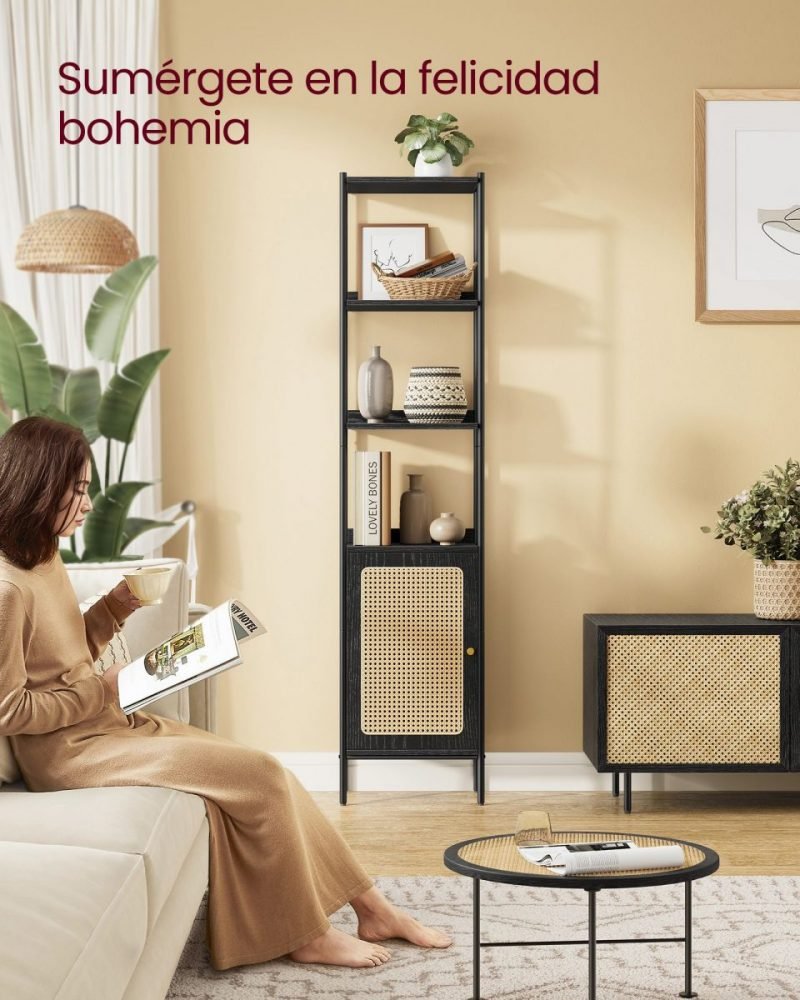 Librería de 6 niveles con puerta de ratán, estilo boho - Imagen 2