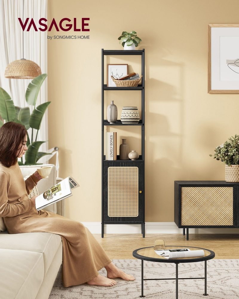 Librería de 6 niveles con puerta de ratán, estilo boho - Imagen 3