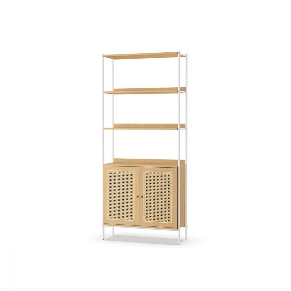 Librería de 6 niveles de ratán beige roble y blanco perla