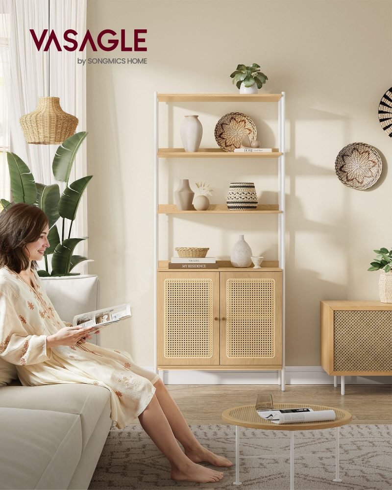 Librería de 6 niveles de ratán beige roble y blanco perla - Imagen 2