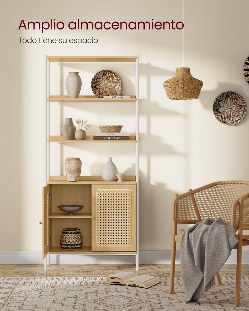 Librería de 6 niveles de ratán beige roble y blanco perla - Imagen 4