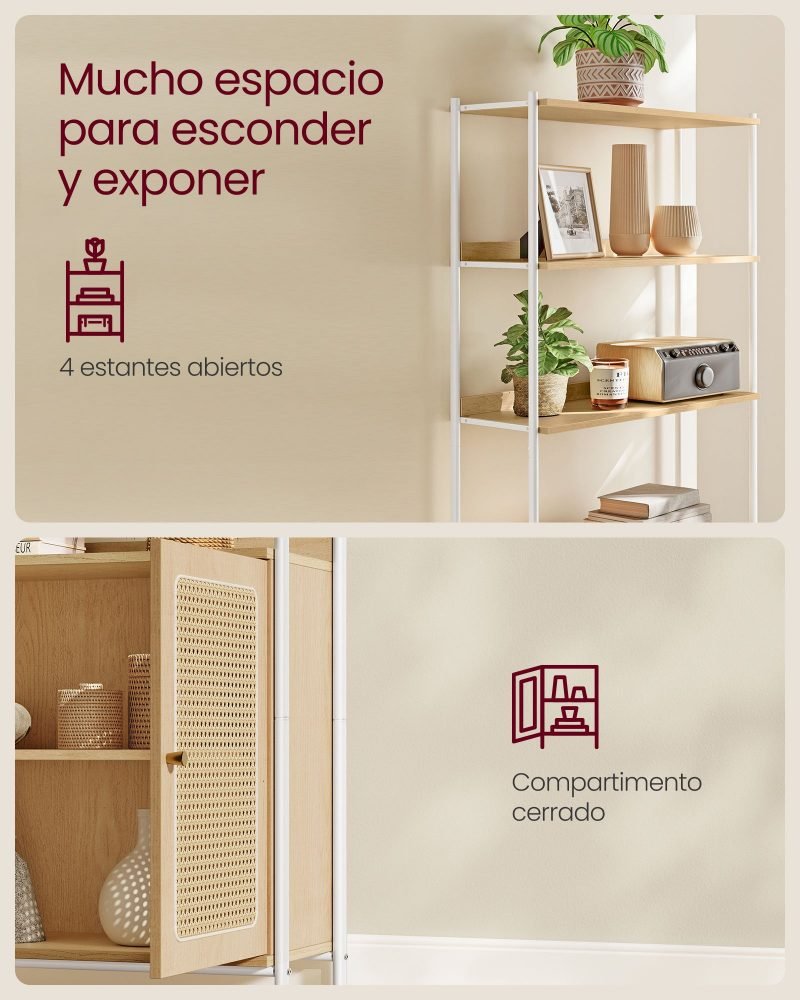 Librería de 6 niveles de ratán beige roble y blanco perla - Imagen 5