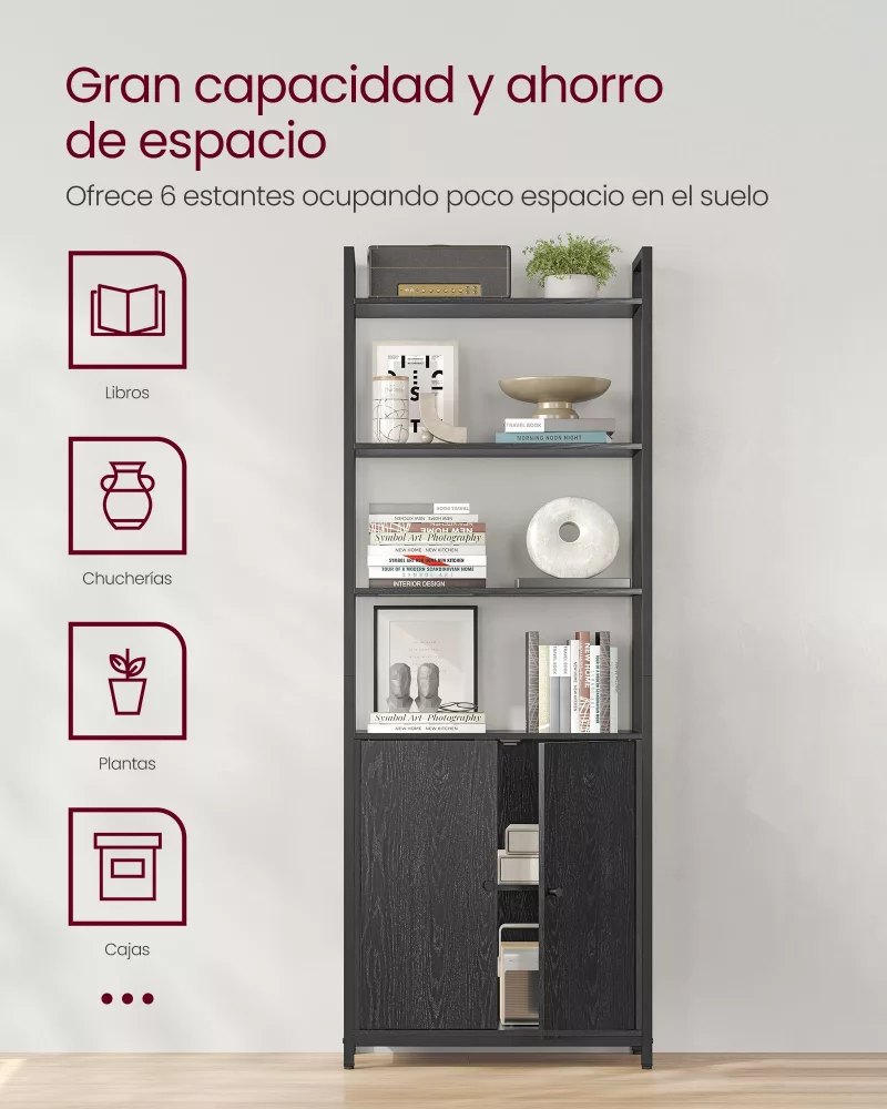 Librería de 6 Niveles 24 x 60 x 159,5 cm Negro Ébano y Negro Tinta - Imagen 2