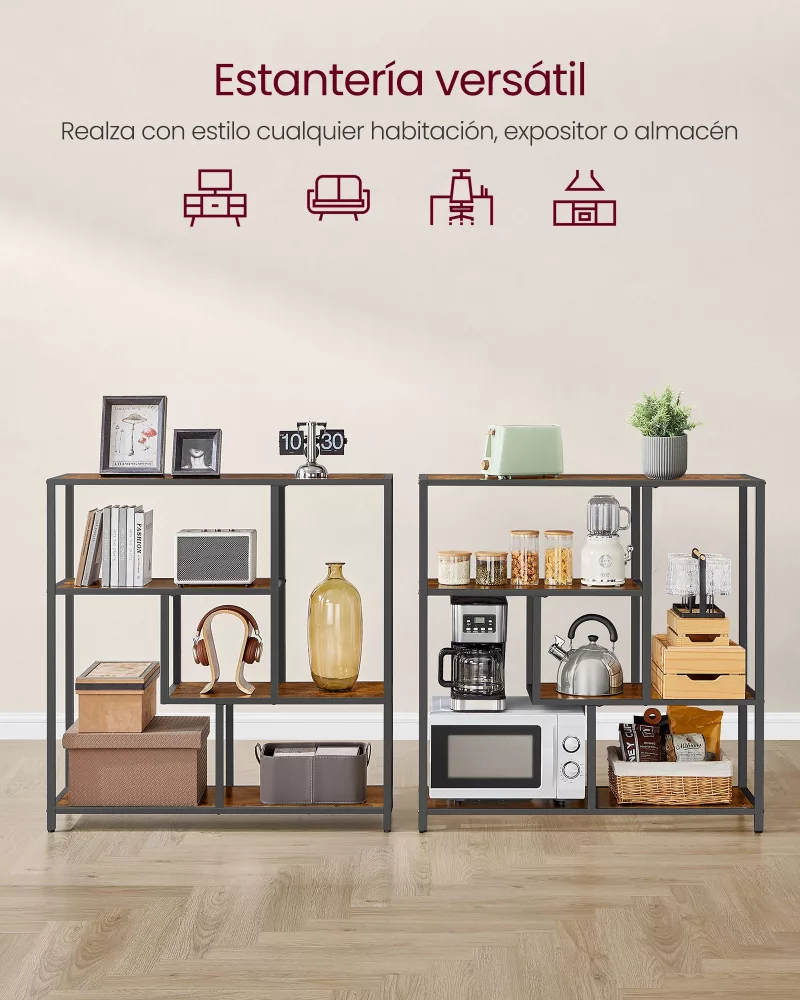 Librería de 4 Niveles 30x100x104 cm Marrón Rústico y Negro Tinta - Imagen 3