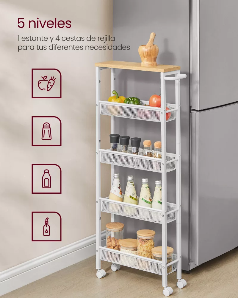 Carro de 5 Niveles con Ruedas13 x 45,4 x 99,6 cm Beige Roble y Blanco - Imagen 3