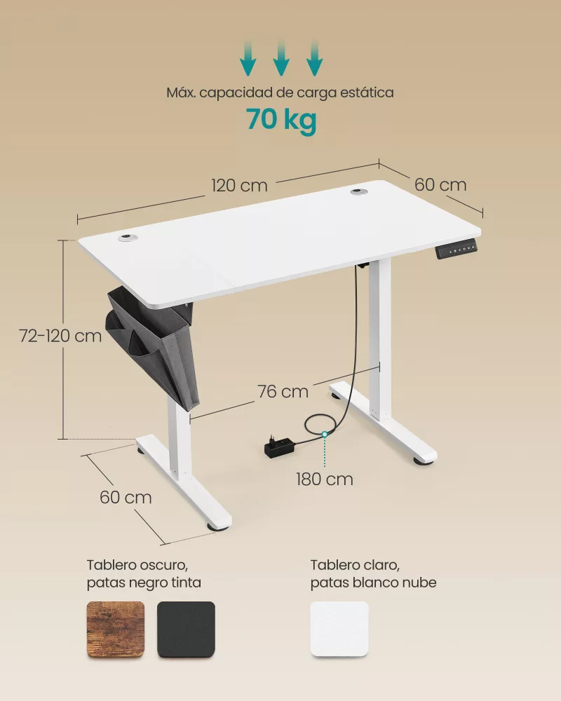 Escritorio Eléctrico, Regulable en Altura 60 x 120 x (72-120) cm - Imagen 6