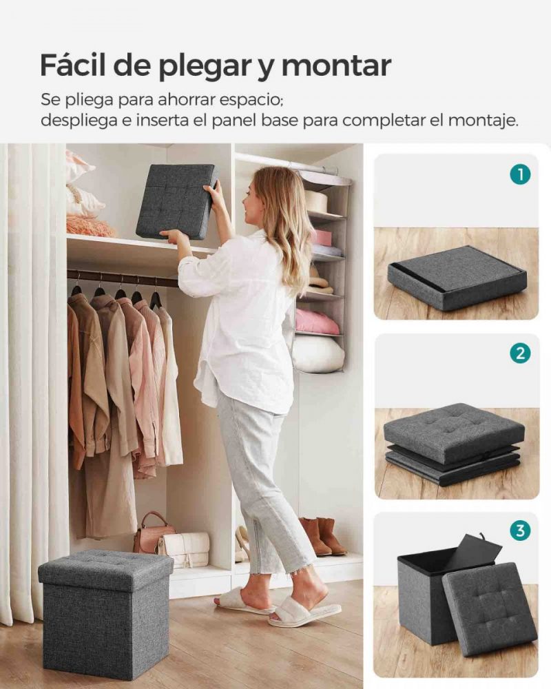 Baúl taburete plegable para almacenaje, gris oscuro - Imagen 4