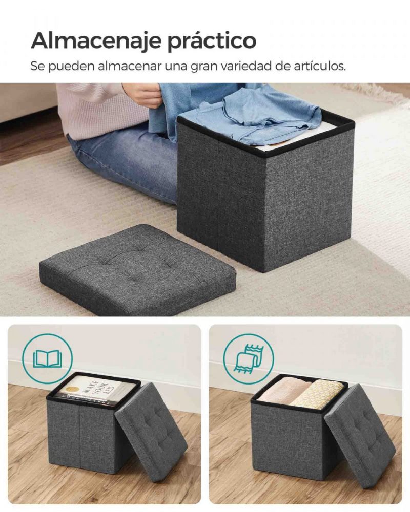 Baúl taburete plegable para almacenaje, gris oscuro - Imagen 3