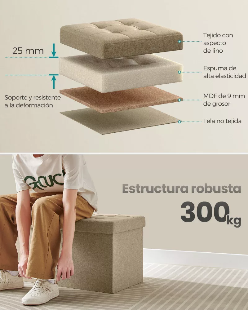 Banco Almacenaje Plegable 38 x 76 x 38 Marrón Camello - Imagen 4