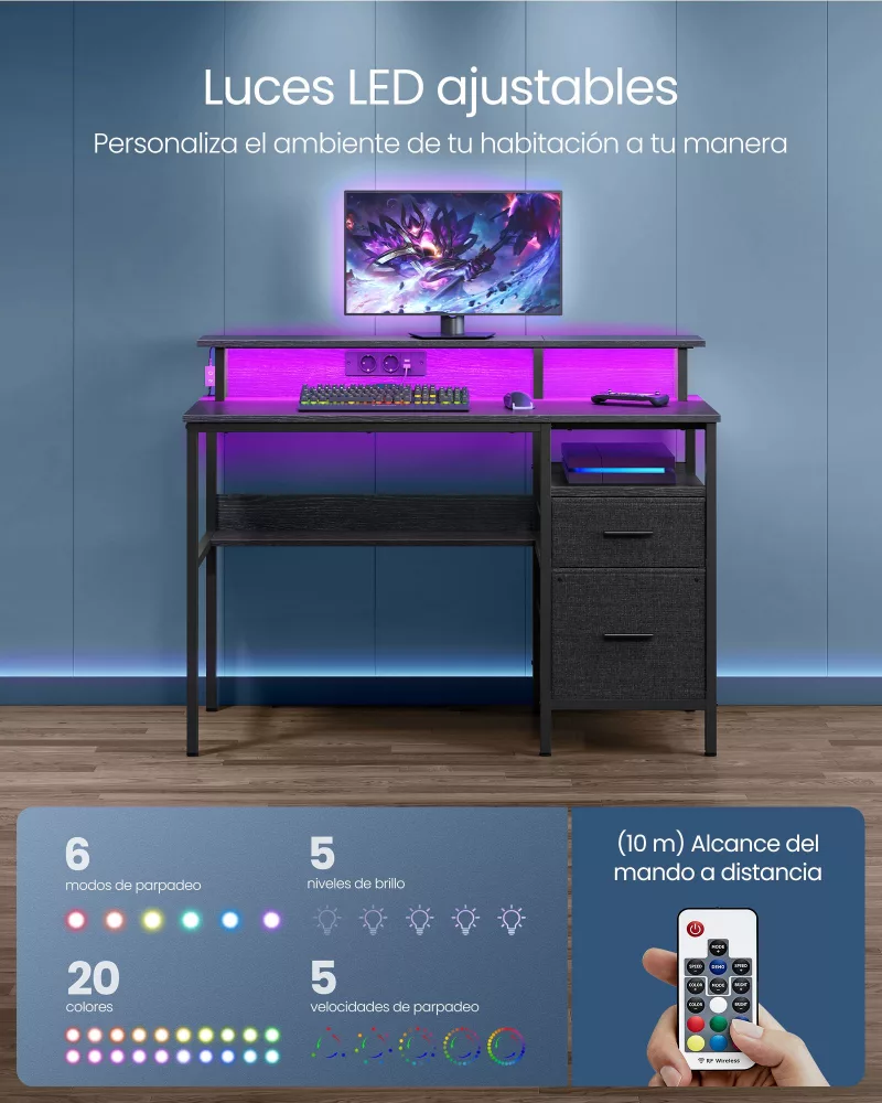 Escritorio para Juegos con Luces LED Negro Ébano - Imagen 2