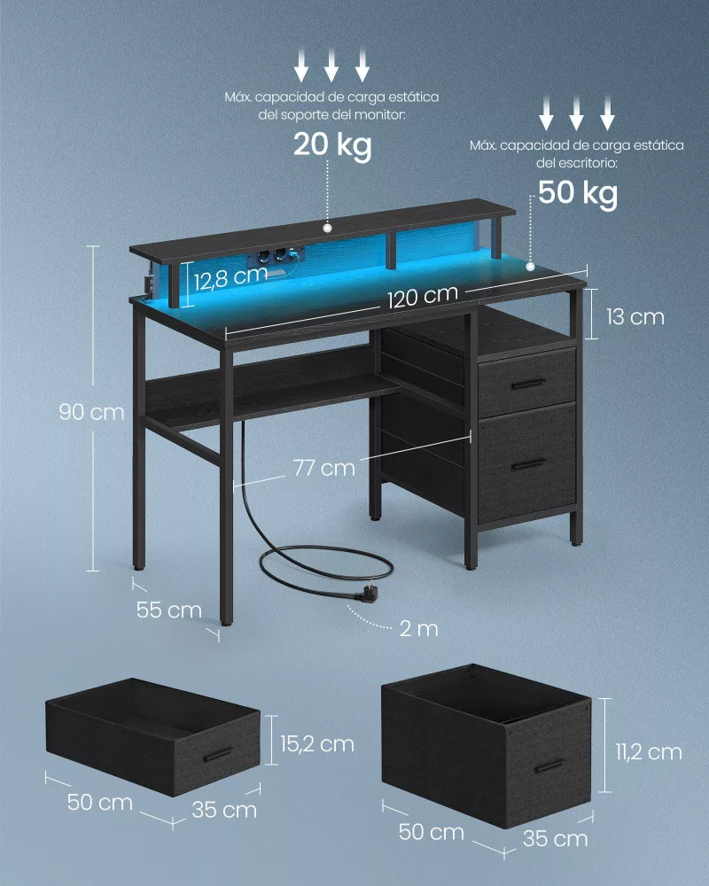 Escritorio para Juegos con Luces LED Negro Ébano - Imagen 5