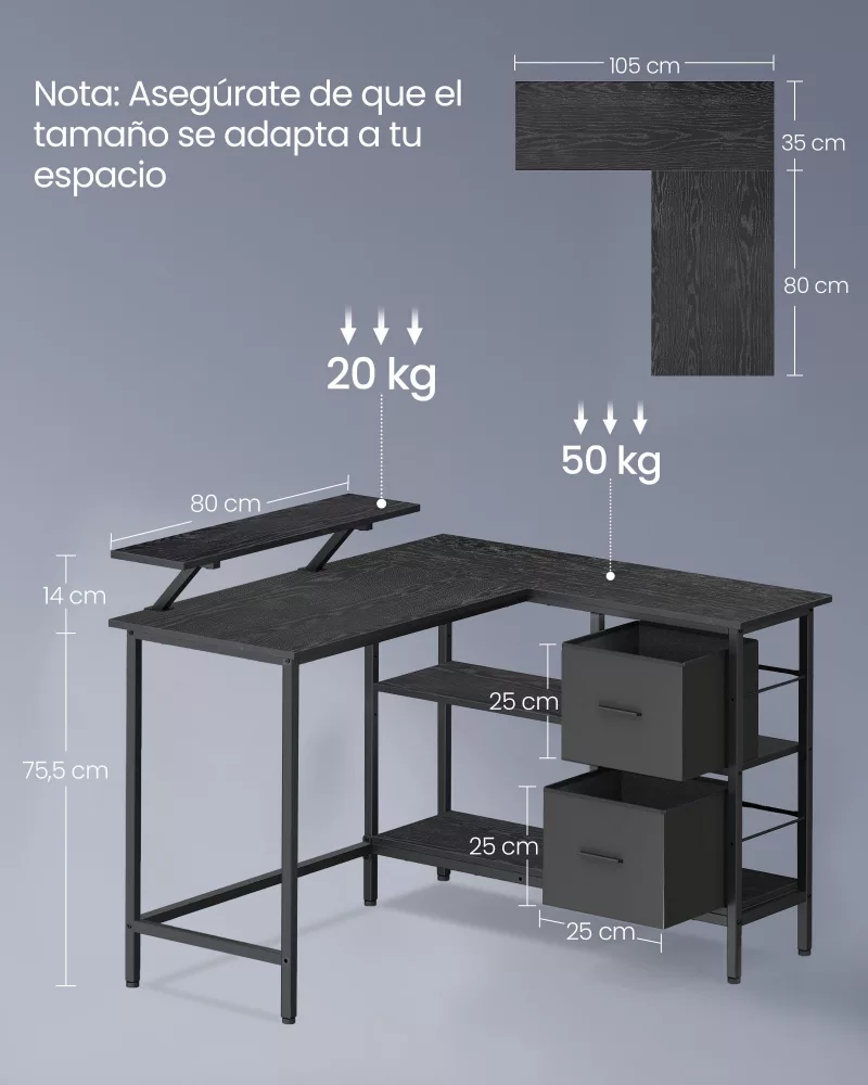Escritorio en Forma de L con 2 Amplios Cajones Negro Ébano - Imagen 6
