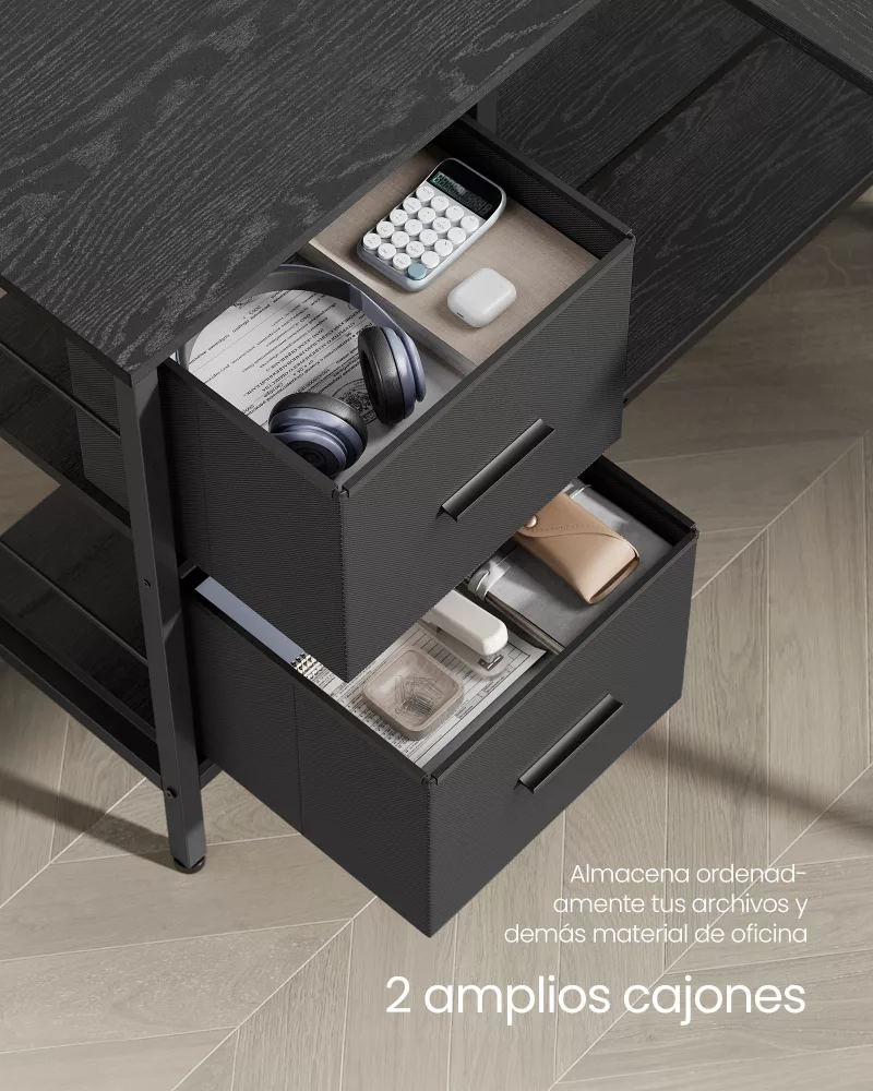 Escritorio en Forma de L con 2 Amplios Cajones Negro Ébano - Imagen 3