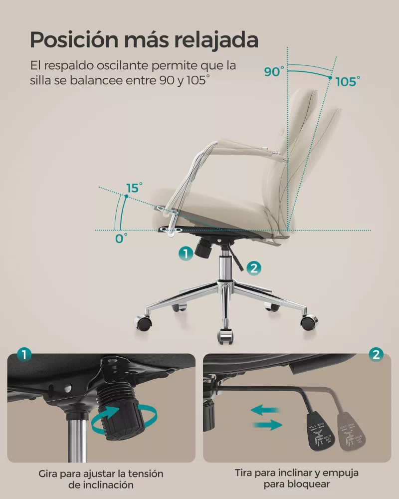 Silla de Oficina Giratoria Altura Ajustable Beige Capuchino - Imagen 3