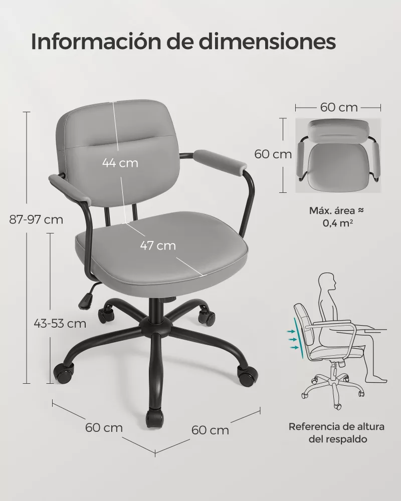 Silla de Escritorio Ergonómica Reposabrazos Gris Paloma - Imagen 6