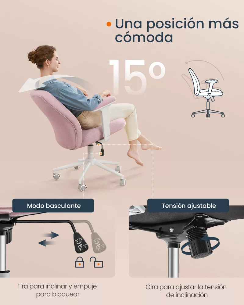 Silla Giratoria con Reposabrazos Ajustables Rosa Jalea - Imagen 5
