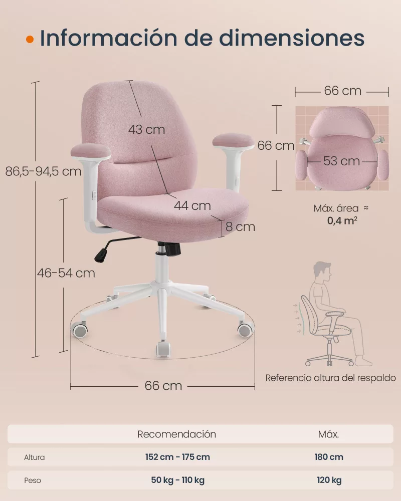 Silla Giratoria con Reposabrazos Ajustables Rosa Jalea - Imagen 6