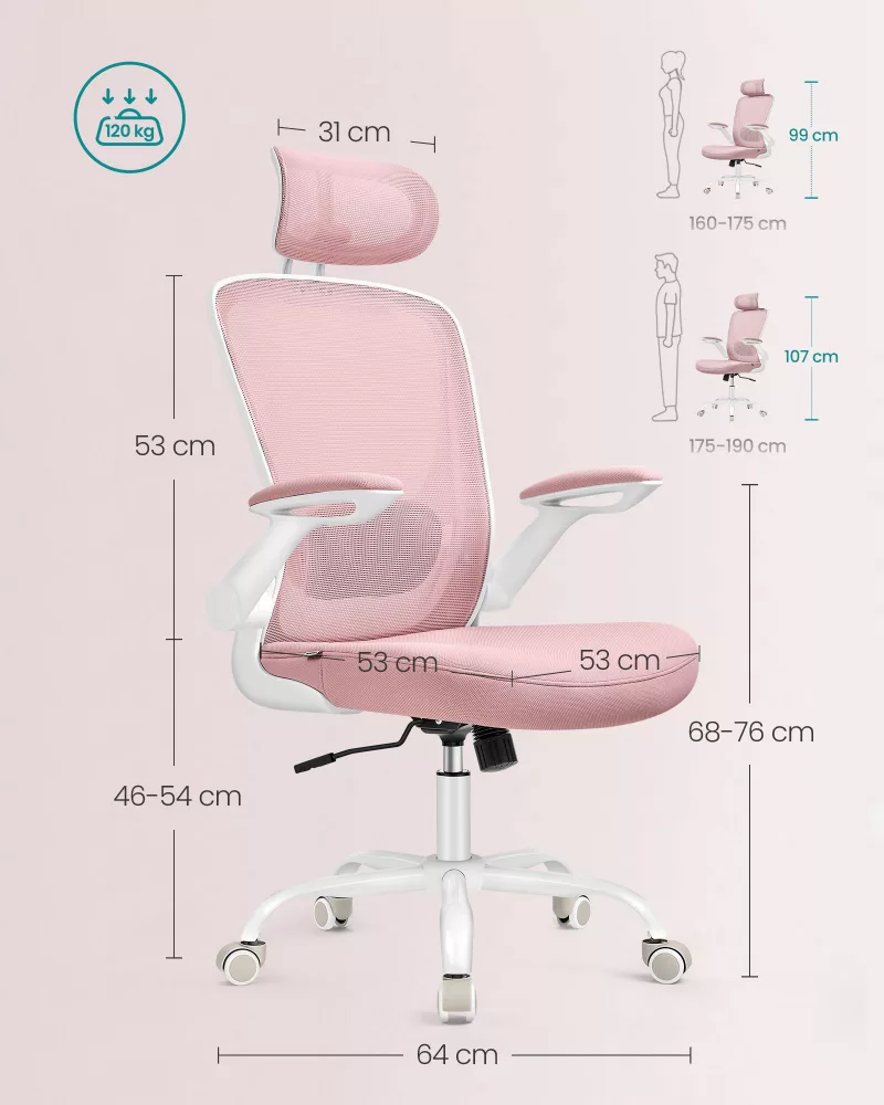 Silla de oficina asiento de 53 cm reposacabezas rosa jalea - Imagen 6