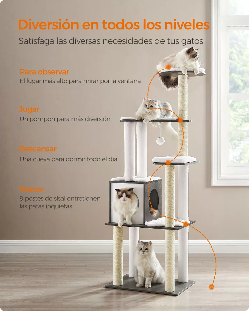 Árbol para Gatos 165 cm Cojines Lavables Gris Niebla - Imagen 2
