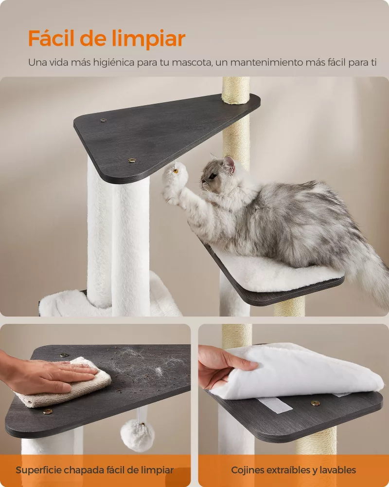 Árbol para Gatos 165 cm Cojines Lavables Gris Niebla - Imagen 3