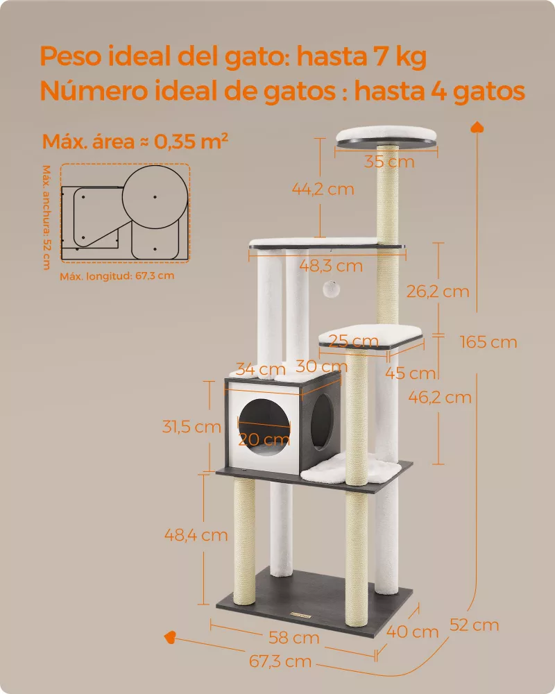 Árbol para Gatos 165 cm Cojines Lavables Gris Niebla - Imagen 6