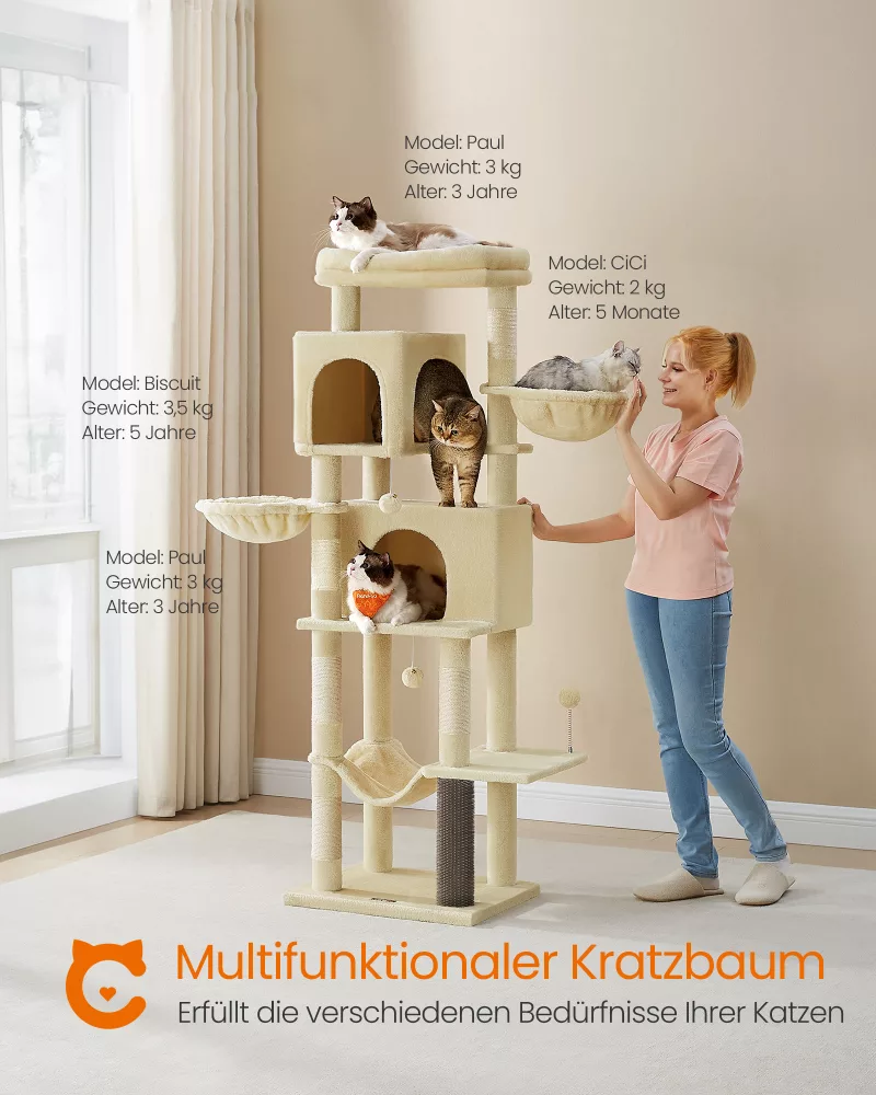 Árbol para Gatos de 175 cm con 2 Cuevas Hamaca Beige Arena - Imagen 2