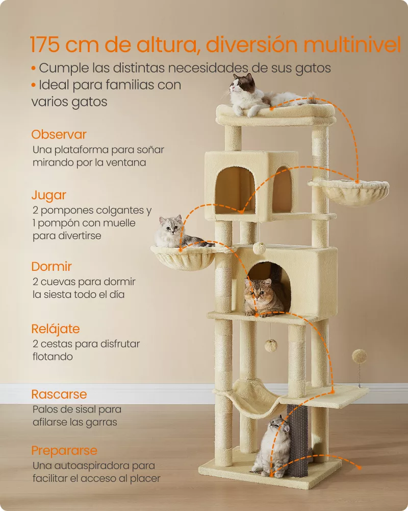 Árbol para Gatos de 175 cm con 2 Cuevas Hamaca Beige Arena - Imagen 3