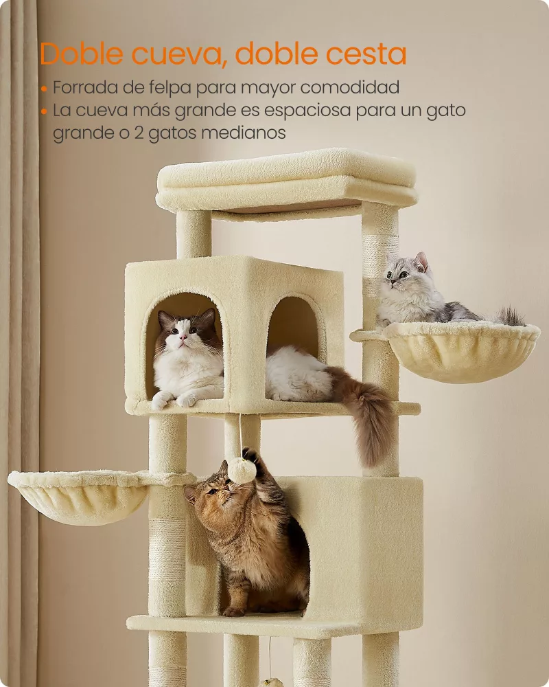 Árbol para Gatos de 175 cm con 2 Cuevas Hamaca Beige Arena - Imagen 4