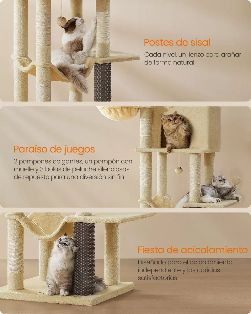 Árbol para Gatos de 175 cm con 2 Cuevas Hamaca Beige Arena - Imagen 5