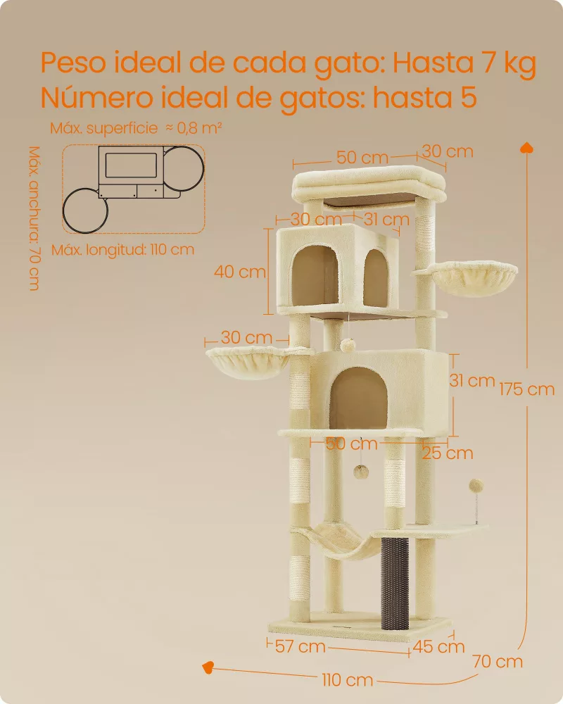 Árbol para Gatos de 175 cm con 2 Cuevas Hamaca Beige Arena - Imagen 6