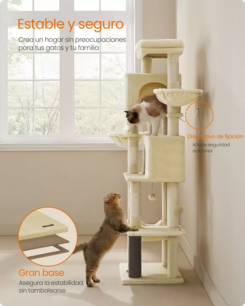 Árbol para Gatos de 175 cm con 2 Cuevas Hamaca Beige Arena - Imagen 7