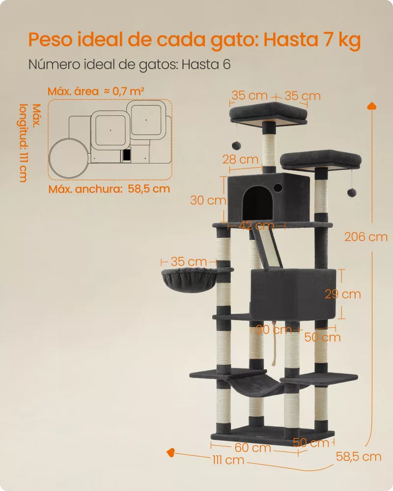 Rascador para Gatos Grandes 206 cm Negro Tinta - Imagen 6