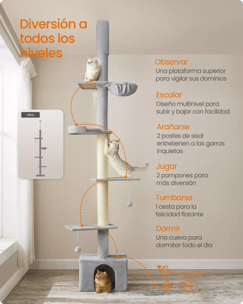 Árbol para Gatos 231-291 cm Altura Ajustable Gris Claro - Imagen 3
