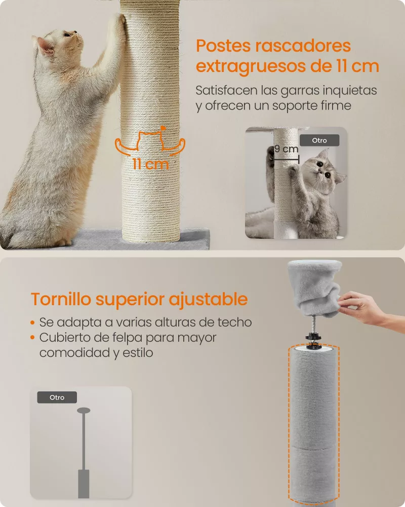 Árbol para Gatos 231-291 cm Altura Ajustable Gris Claro - Imagen 4