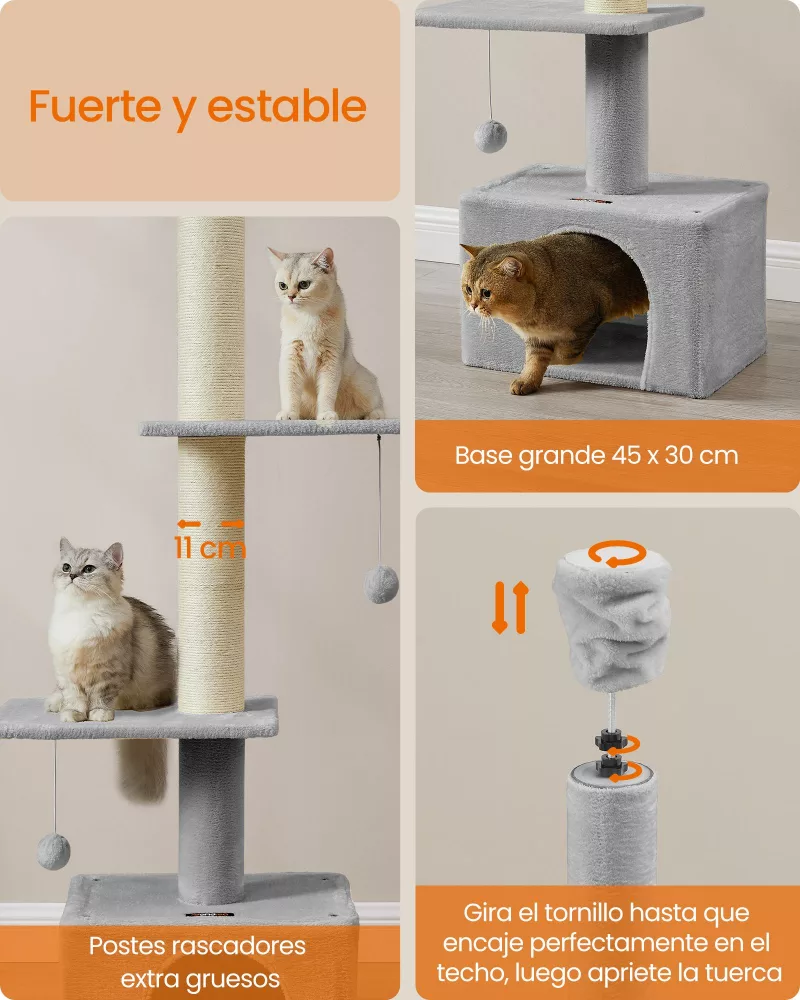 Árbol para Gatos 231-291 cm Altura Ajustable Gris Claro - Imagen 5