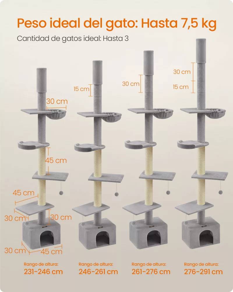 Árbol para Gatos 231-291 cm Altura Ajustable Gris Claro - Imagen 6