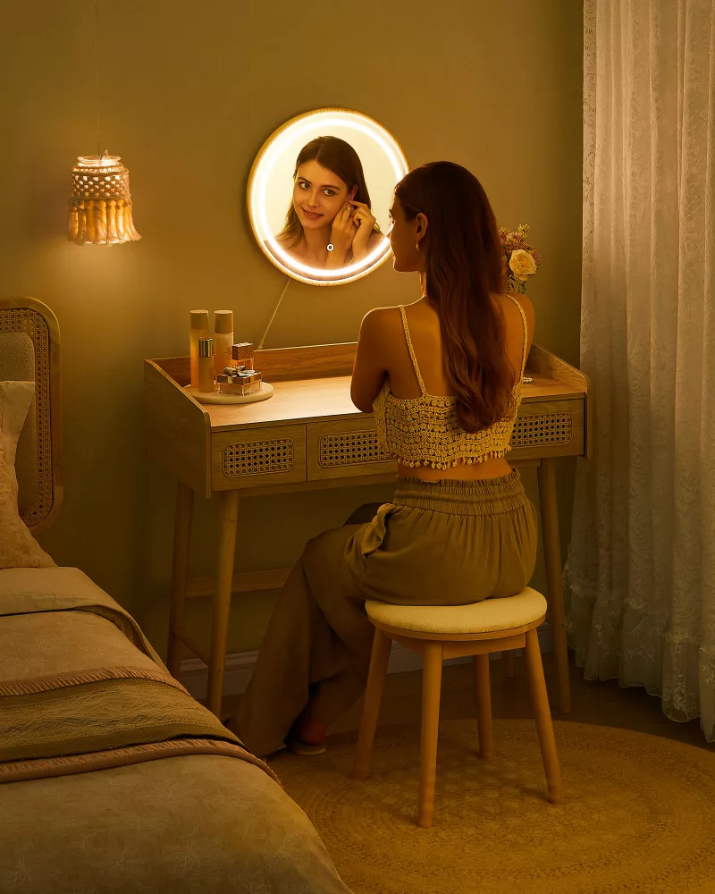 Taburete de Tocador Blanco Crema y Beige Roble - Imagen 3