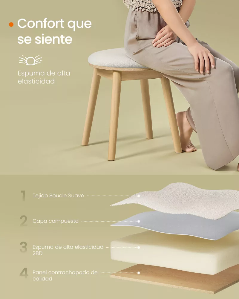 Taburete de Tocador Blanco Crema y Beige Roble - Imagen 5