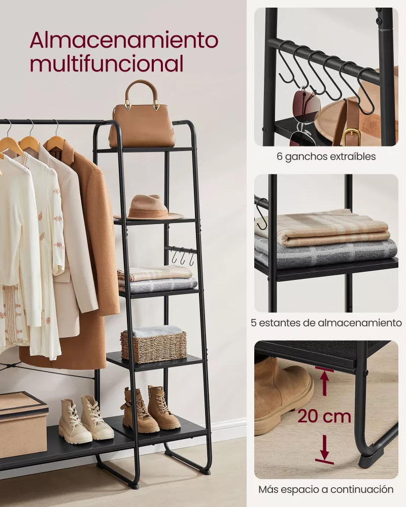 Burro Perchero 5 Estantes Negro Ébano y Negro Mate - Imagen 3