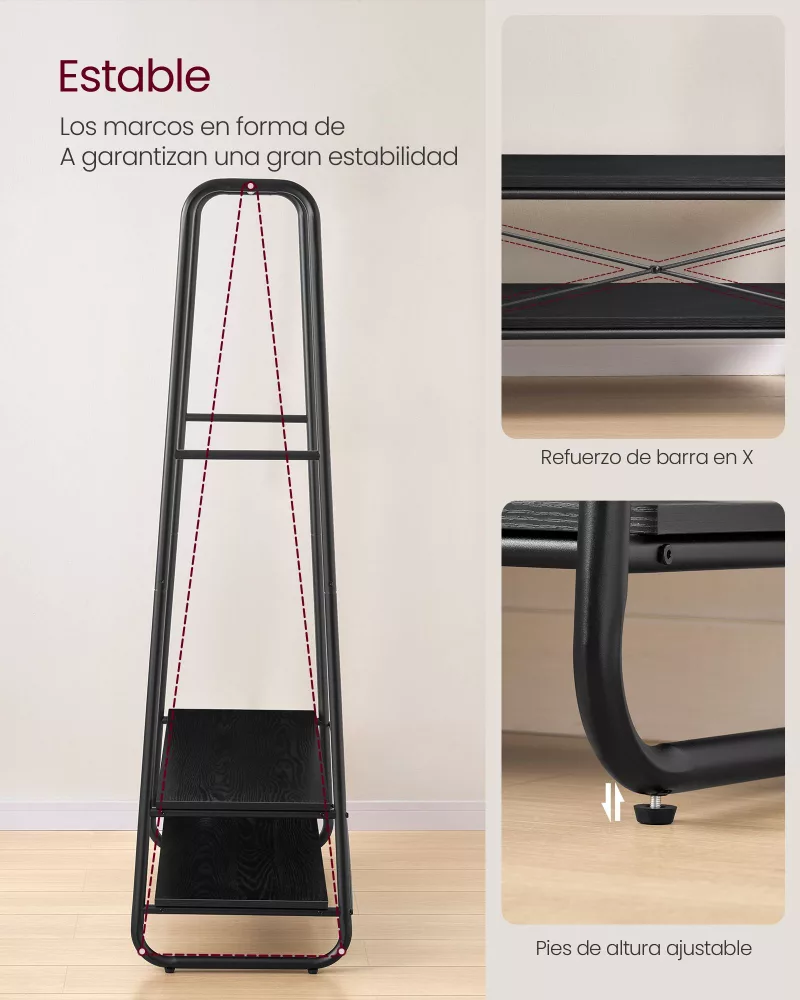 Perchero Burro con 2 Estantes Negro Ébano y Negro Mate - Imagen 4