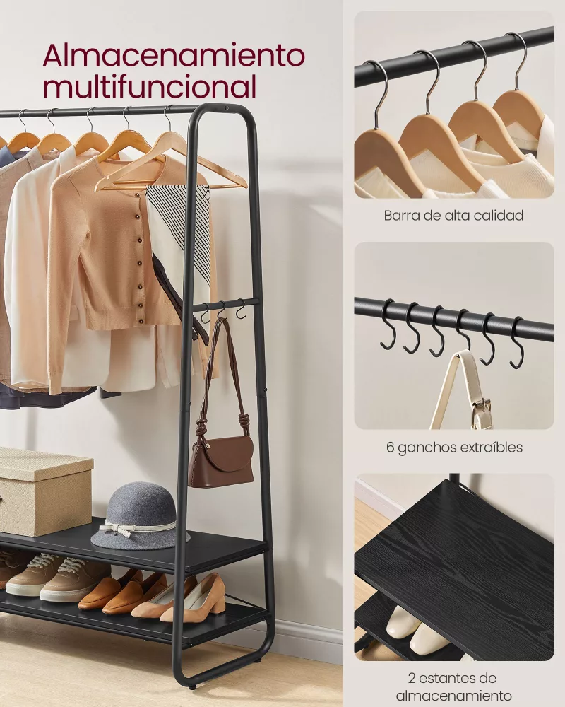 Perchero Burro con 2 Estantes Negro Ébano y Negro Mate - Imagen 5