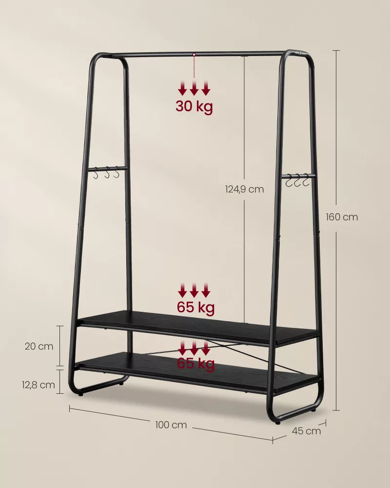 Perchero Burro con 2 Estantes Negro Ébano y Negro Mate - Imagen 6