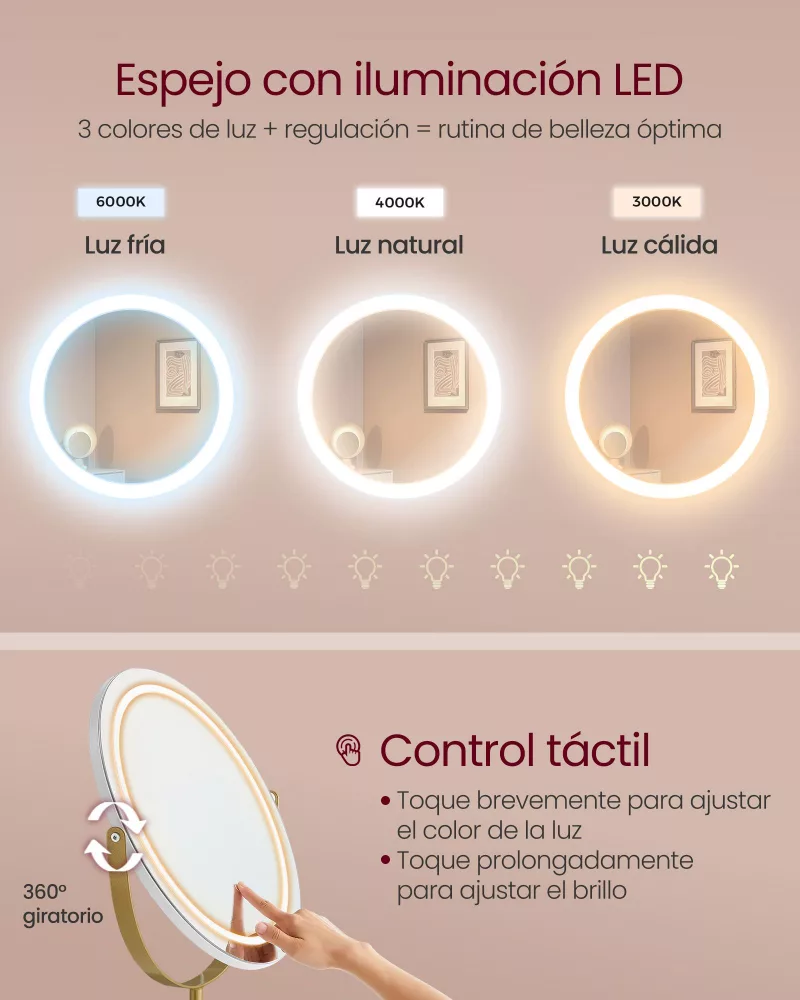 Tocador con taburete e iluminación 40 x 80 x 134,8 cm blanco mate y dorado pálido - Imagen 4