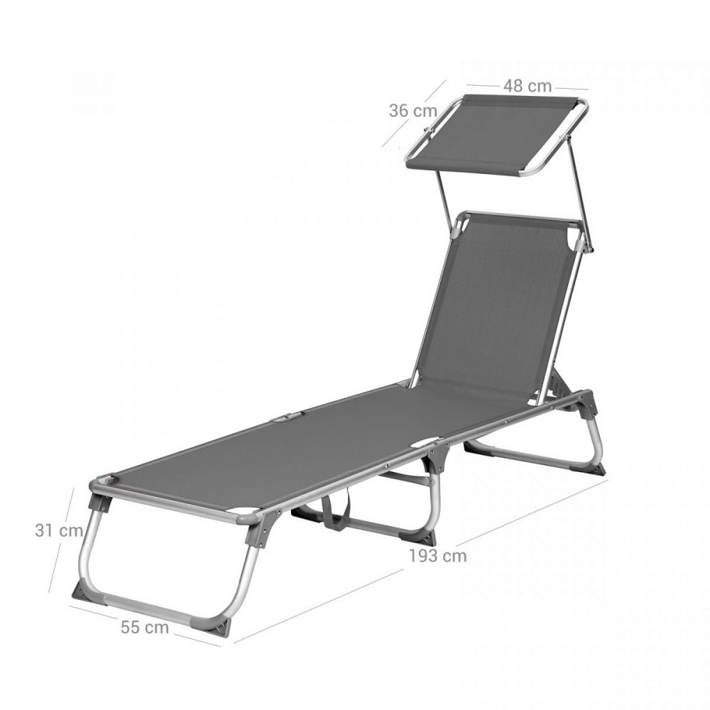 Tumbona reclinable con parasol y reposacabezas gris - Imagen 7